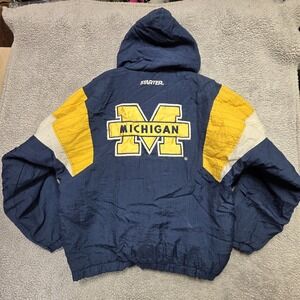 Vintage Michigan Wolverines Starter Pullover Puffer BLUE Jacket PULLOVER MEDIUM